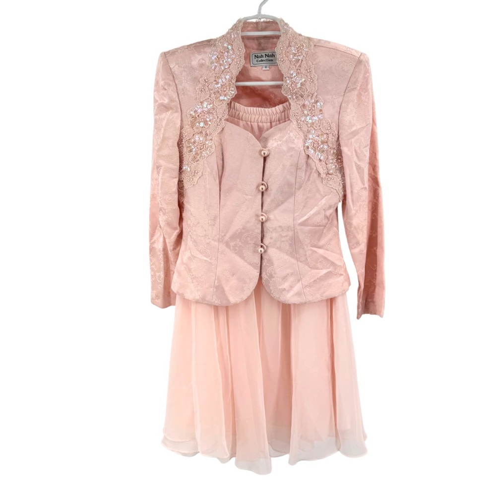 VTG Nah Nah Collection 2pc pink sequin lace beaded top flowy midi tulle skirt 12
